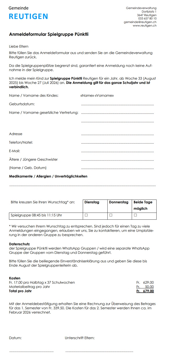 Anmeldung Spielgruppe
